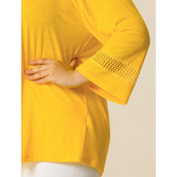 Women's Plus Size Crochet Panel Kimono Raglan Sleeves Tops Yellow - Picture 6 of 6